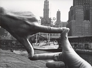 John Baldessari's Hands Framing New York Harbor (photo by Shunk-Kender, Museum of Modern Art, 1971)