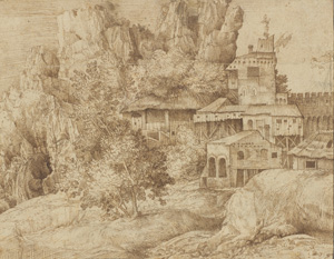 Giulio Campagnola's Buildings in a Rocky Landscape (Morgan Library, before 1515)