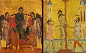 Cimabue's Virgin and Child Enthroned / Flagellation of Christ (National Gallery / Frick Collection, c. 1280)
