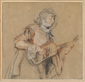 Jean Antoine Watteau's Man Playing the Guitar (private collection/Morgan Library, 1717–1718)